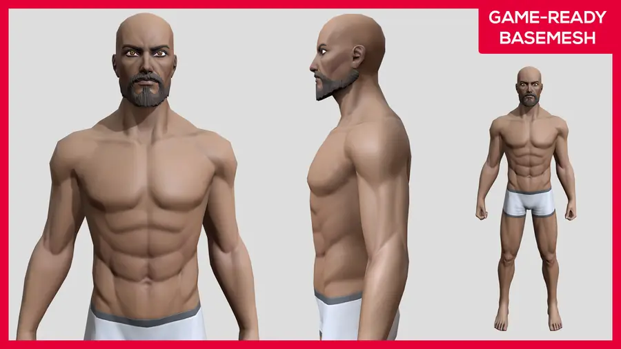 Render of a stylized male 3D character, shown in a front pose