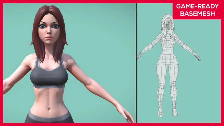 Render of a stylized female 3D character wearing an outfit, shown in a front pose