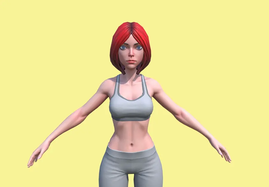 Render of a stylized female 3D character wearing an outfit, shown in a front pose
