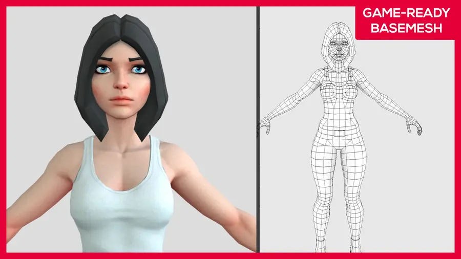 Render of Kirah, a stylized female 3D character wearing an outfit, shown in a front pose