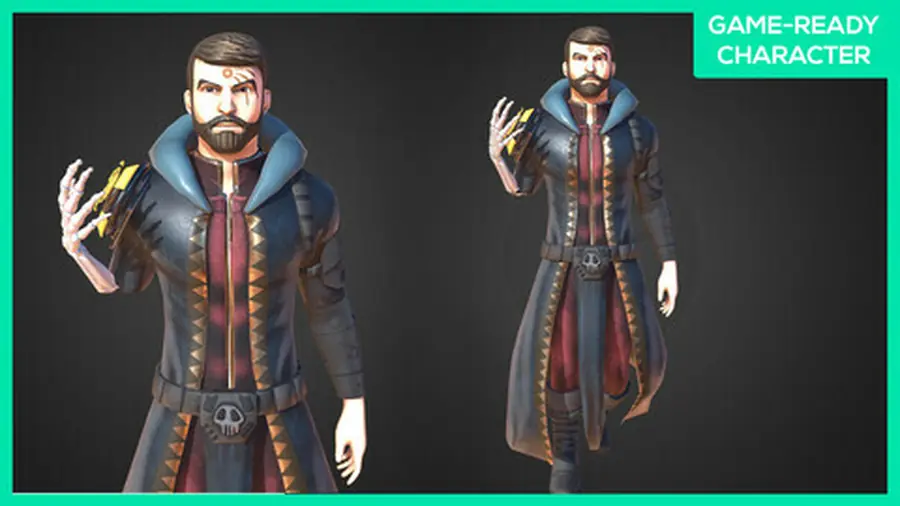 Render of Demian, a stylized male 3D character wearing an outfit, shown in a front pose