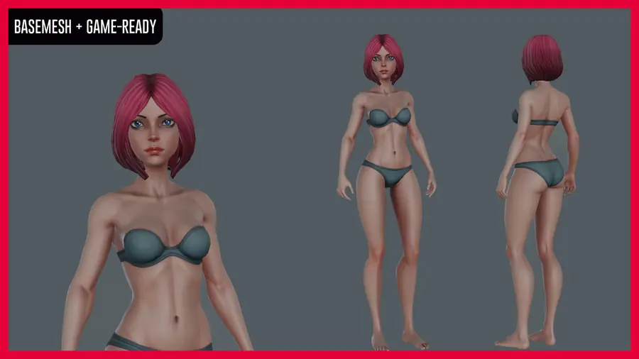 Render of a stylized female 3D character, shown in a front pose