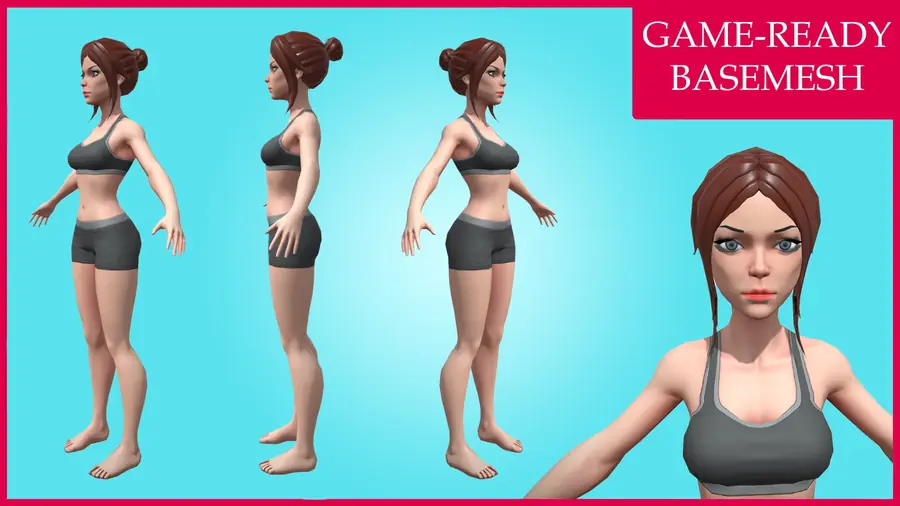 Render of Karlota, a stylized female 3D character, shown in a front pose