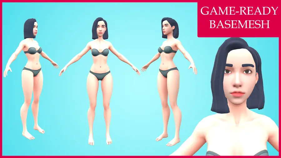 Render of Ryna, a stylized female 3D character, shown in a front pose