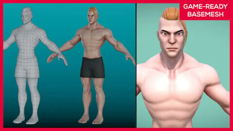 Render of a stylized male 3D character, shown in a front pose