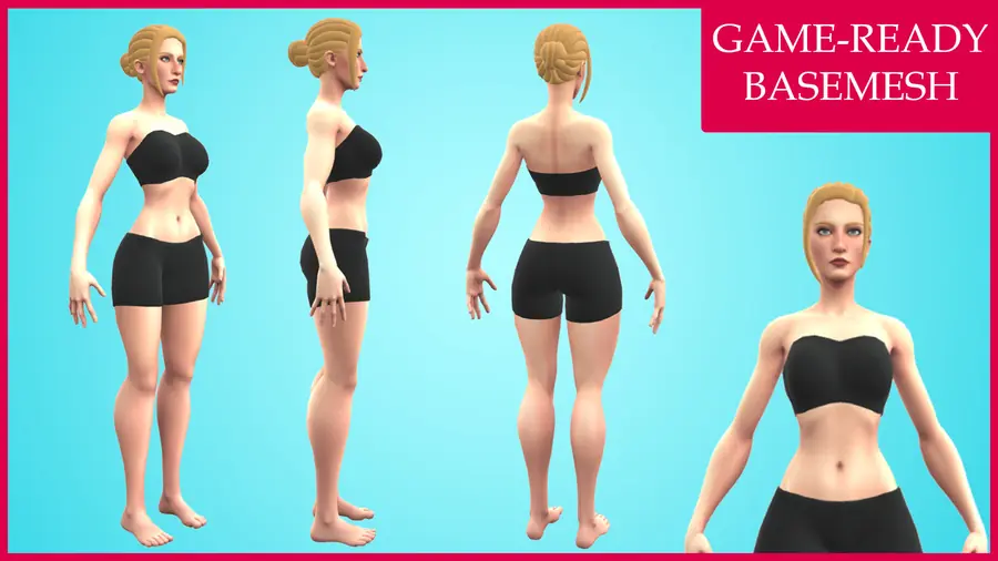 Render of Mia, a cartoon female 3D character, shown in a front pose