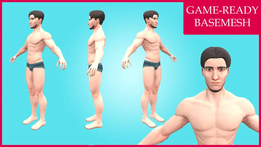 Render of a stylized male 3D character, shown in a front pose
