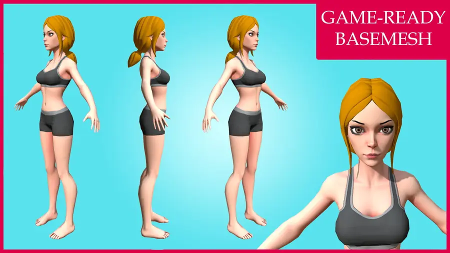 Render of Lulu, a stylized female 3D character, shown in a front pose