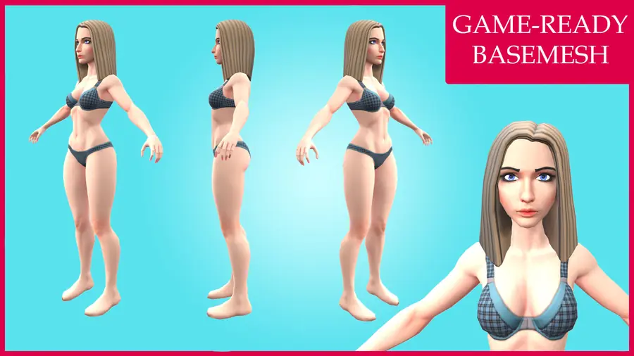 Render of a stylized female 3D character, shown in a front pose