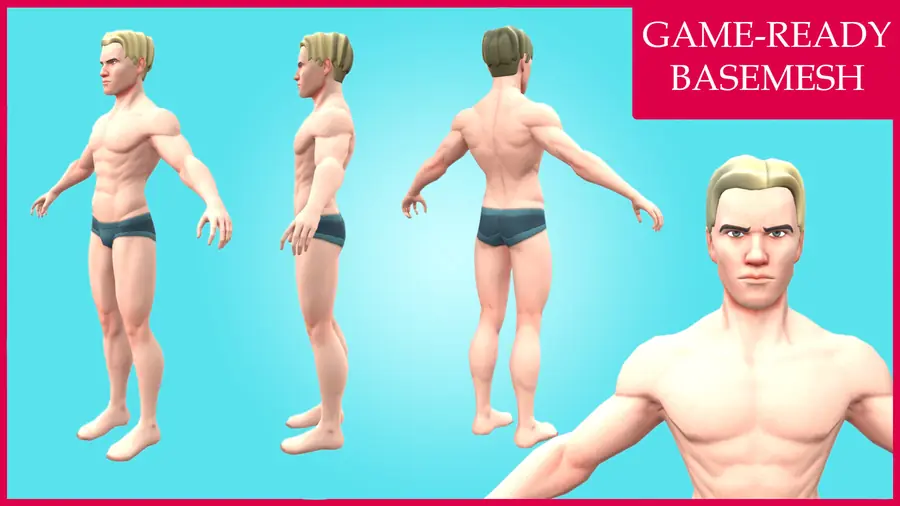 Render of Rick, a stylized male 3D character, shown in a front pose