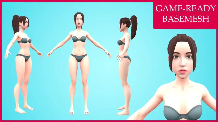 Render of Yia, a stylized female 3D character, shown in a front pose