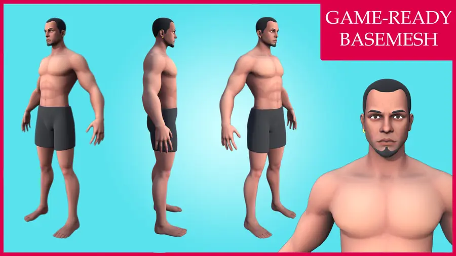 Render of a stylized male 3D character, shown in a front pose