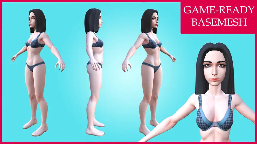 Render of Karina, a stylized female 3D character, shown in a front pose
