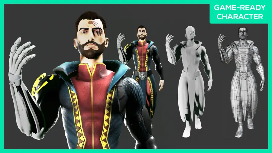 Render of a stylized male 3D character wearing an outfit, shown in a front pose