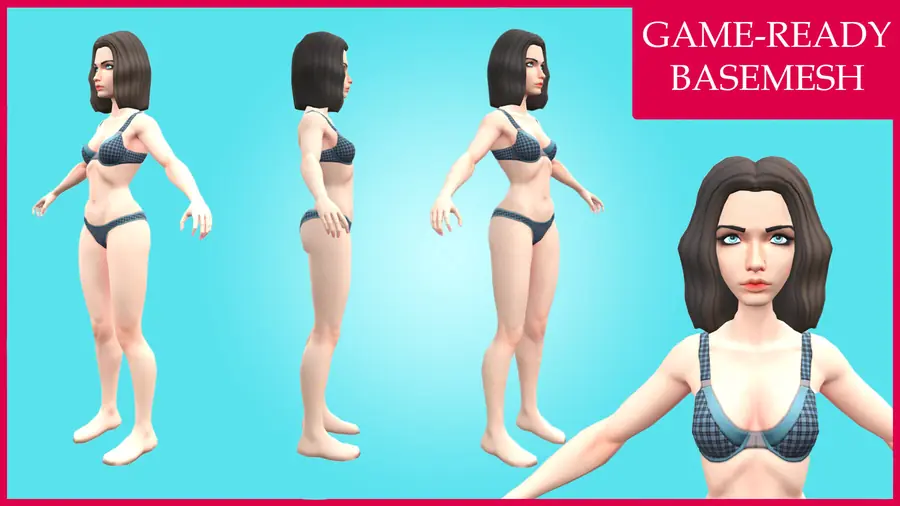 Render of Mona, a stylized female 3D character, shown in a front pose
