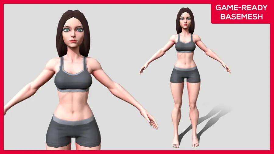 Render of a stylized female 3D character, shown in a front pose