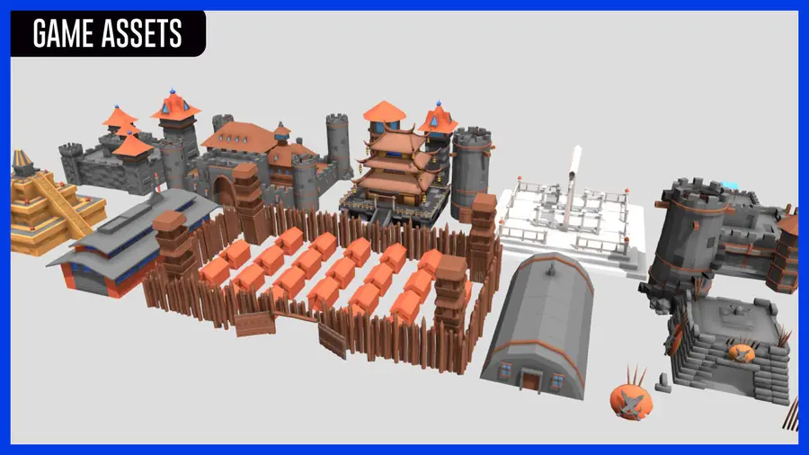 Low-poly castles, barracks and buildings from the strategy game pack, rendered on a plain background