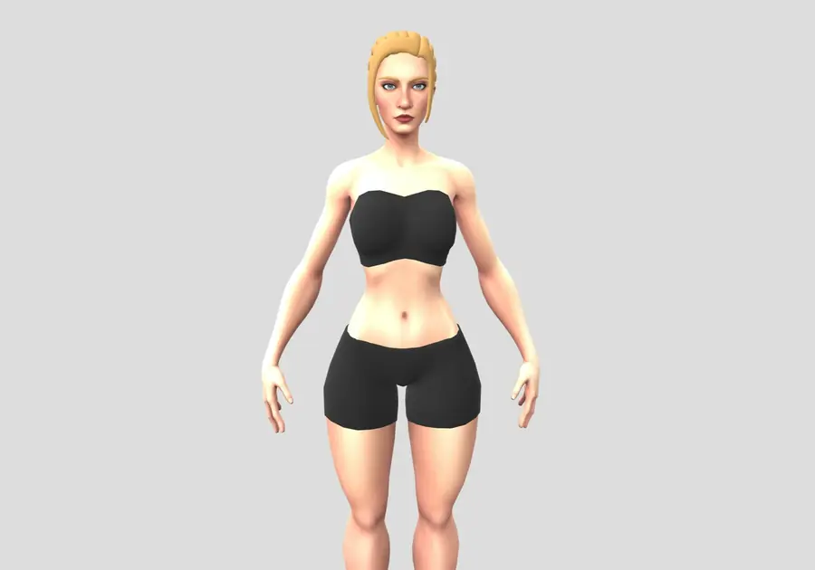 Render of a stylized female 3D character, shown in a front pose