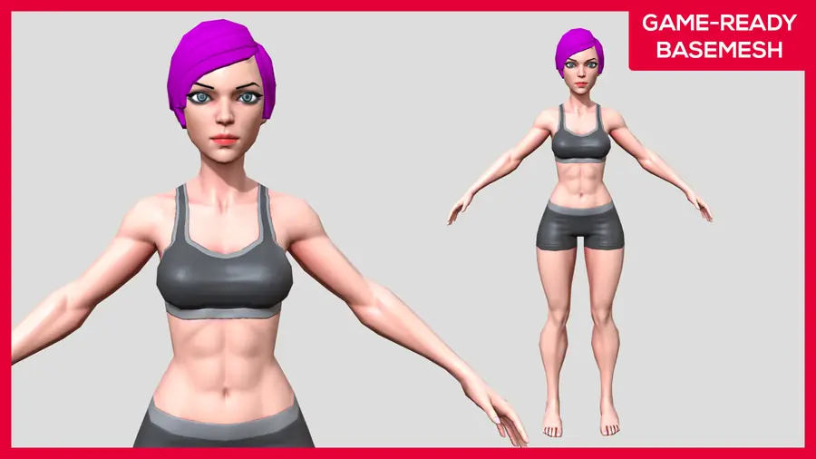Render of a stylized female 3D character, shown in a front pose
