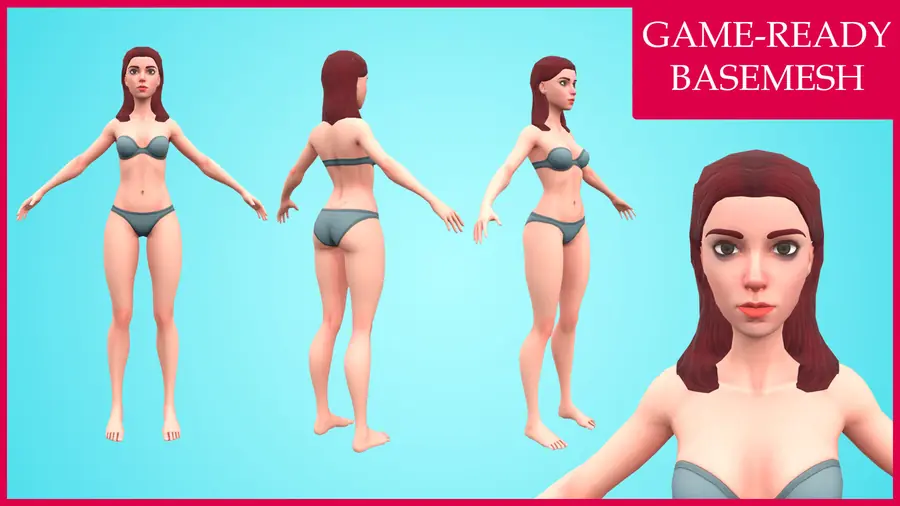 Render of Aline, a stylized female 3D character, shown in a front pose
