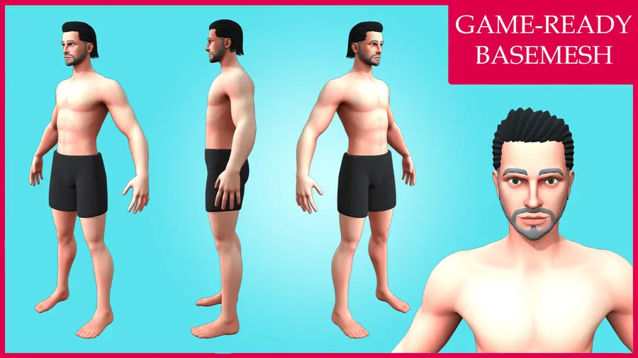 Render of Niam, a stylized male 3D character, shown in a front pose
