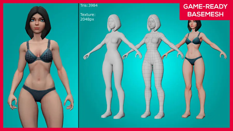 Render of Kirah, a stylized female 3D character, shown in a front pose